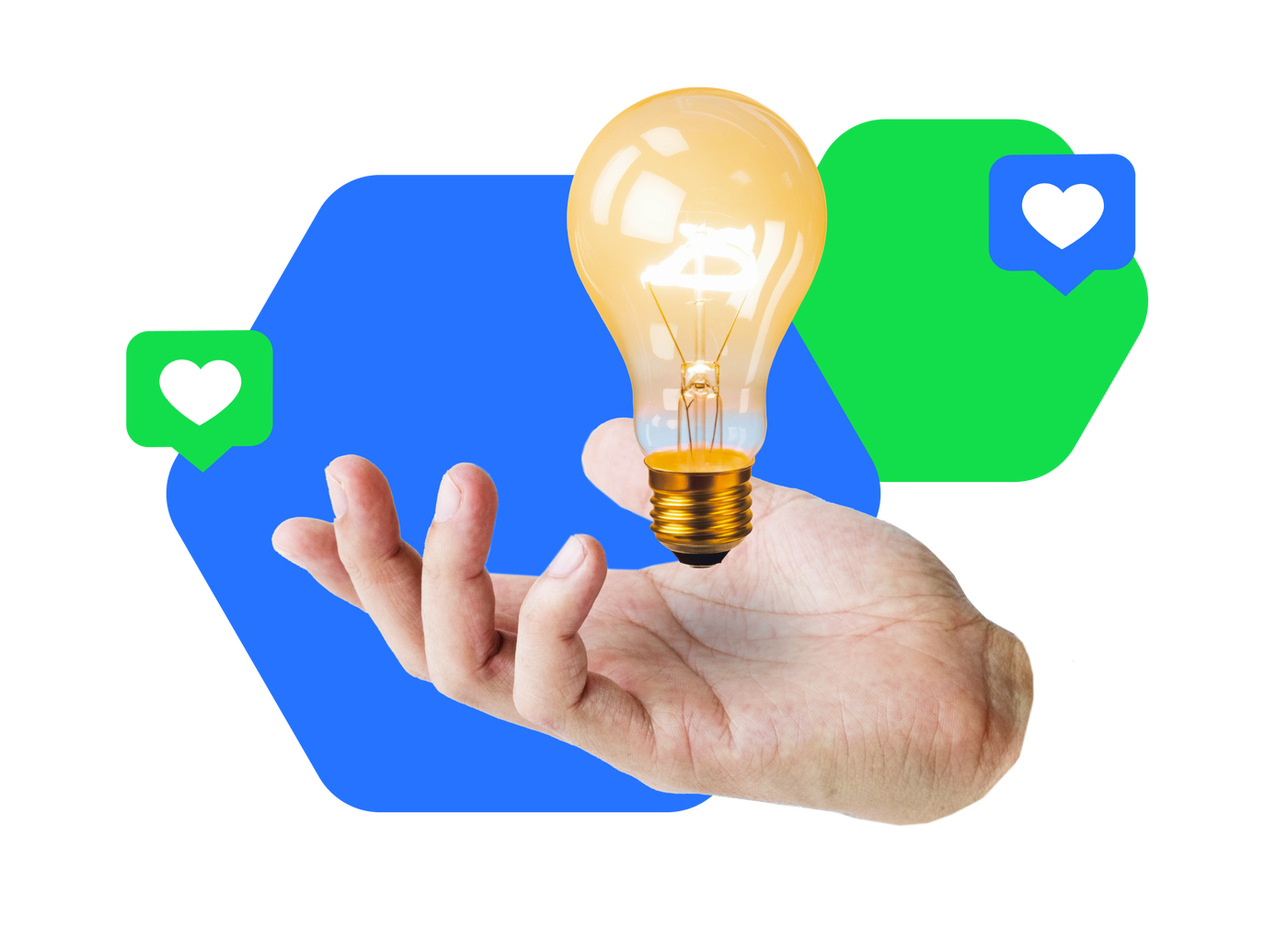 Eine Hand, die eine leuchtende Glühbirne präsentiert, die Kreativität und innovatives Denken symbolisiert, mit farbenfrohen Symbolen im Hintergrund.