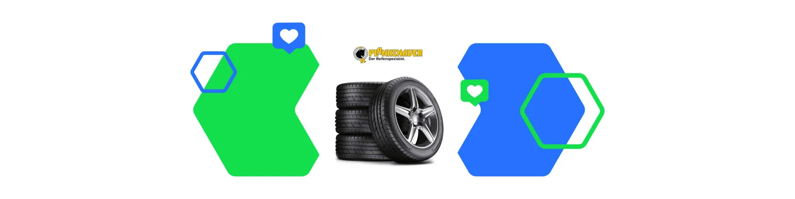 Ein Satz von vier gestapelten Autoreifen mit einer sichtbaren Alufelge im Vordergrund. Das Bild zeigt ein sechseckiges Grafikdesign mit grünen und blauen Akzenten. Das Logo „Automax“ ist deutlich über den Reifen zu sehen und verleiht dem Motiv einen markanten Markenbezug.