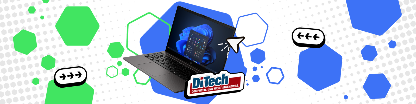 Ein schlanker Laptop mit blauem Betriebssystembildschirm steht prominent im Zentrum eines dynamischen digitalen Banners. Der Hintergrund besteht aus blauen und grünen Sechsecken und Punktmustern und verleiht dem Banner einen technikorientierten Look. Ein weißer Cursor zeigt auf den Laptop-Bildschirm und unterstreicht so die Interaktion und die digitale Nutzung. Unterhalb des Laptops prangt auf einem kleinen Logo der Schriftzug „DiTech“, der dem Ganzen eine technologische Note verleiht.