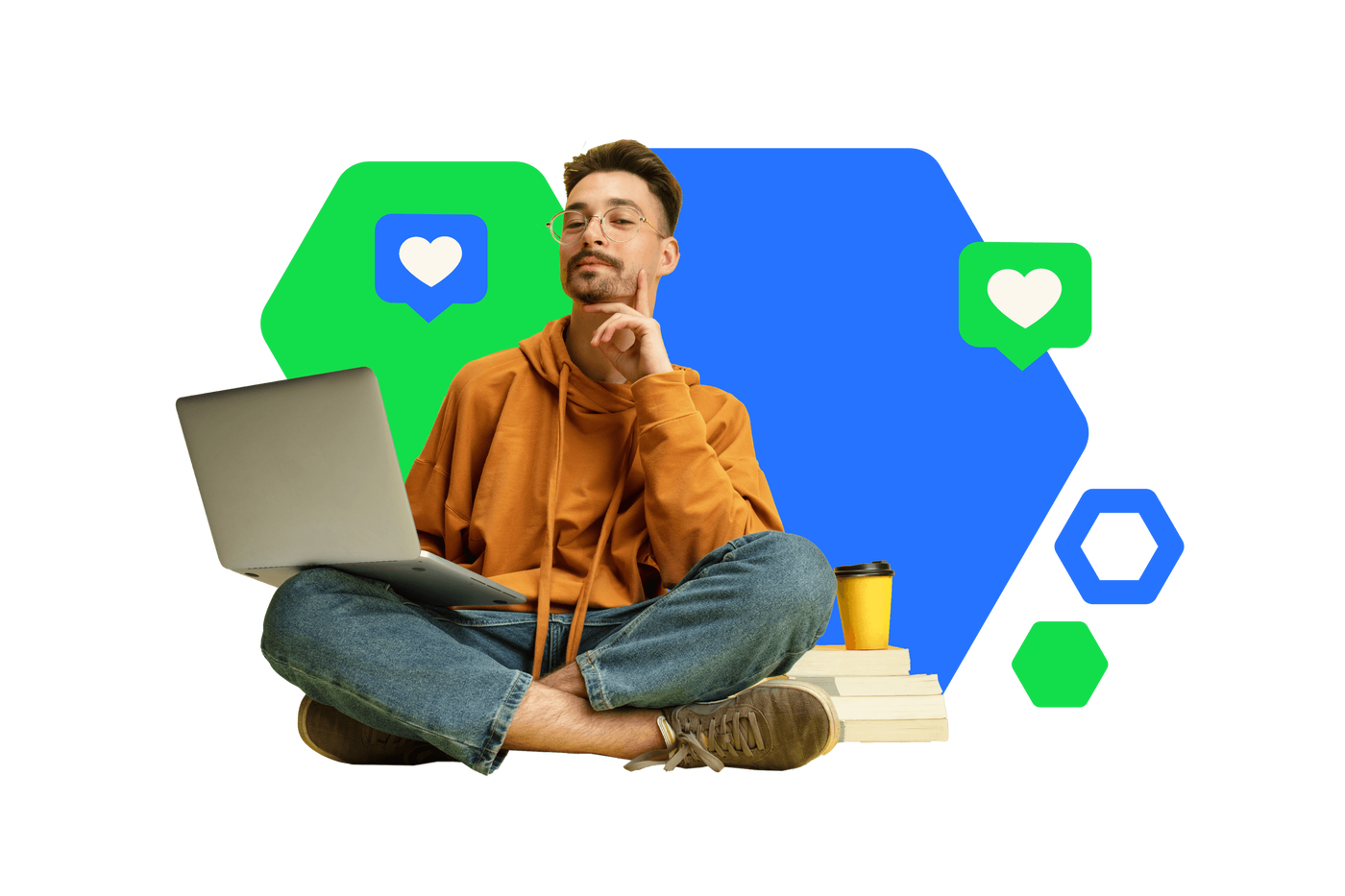 Ein junger Erwachsener sitzt im Schneidersitz mit einem Laptop auf dem Schoß und einem Stapel Bücher neben sich. Die Umgebung ist mit farbenfrohen geometrischen Formen und Social-Media-Symbolen gestaltet und deutet auf ein digitales oder schulisches Umfeld hin. Ein Coffee-to-go-Becher ist ebenfalls zu sehen und unterstreicht die lockere, moderne Atmosphäre. Die Farbpalette ist insgesamt lebendig mit Blau- und Grüntönen.