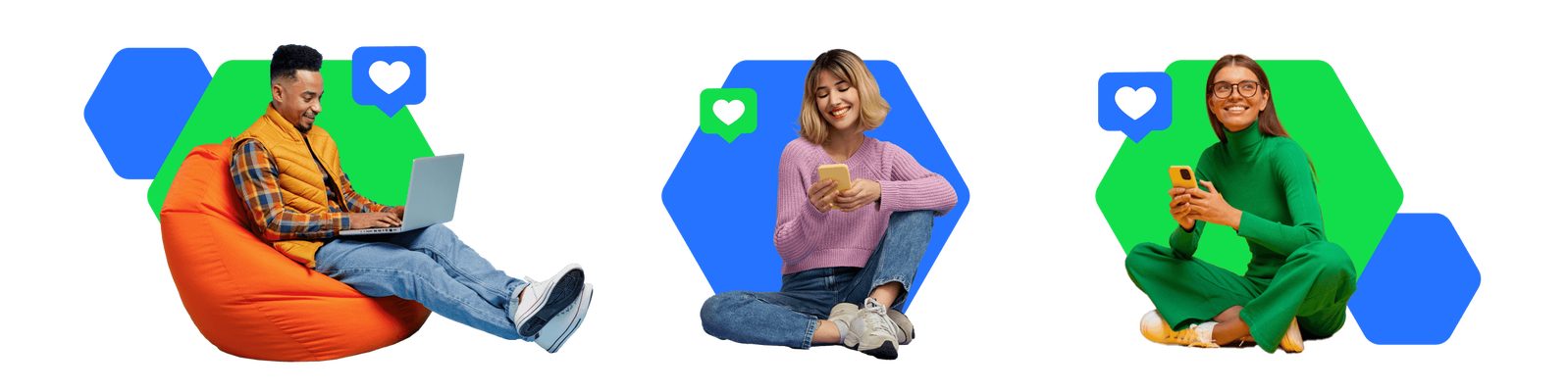 Drei Personen interagieren mit ihren Geräten und symbolisieren so aktives Engagement und Vernetzung in der digitalen Welt, hervorgehoben durch Social-Media-Symbole.