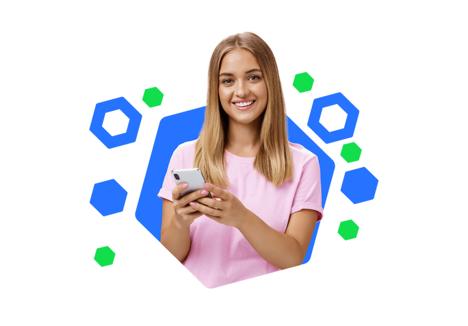 Ein lächelndes Mädchen in einem rosa T-Shirt hält ein Smartphone in den Händen. Der bunte, hexagonale Hintergrund betont die positive und moderne Stimmung, während sie sich über ihr Handy registriert.