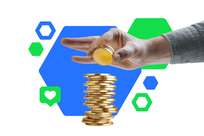 Eine Hand stapelt Goldmünzen und symbolisiert so das Sparen oder Investieren. Der Hintergrund besteht aus blauen und grünen geometrischen Sechsecken und einem Herzsymbol, was dem Bild einen modernen, digitalen Stil verleiht. Die Szene ist hell ausgeleuchtet, der Fokus liegt auf den Münzen und der Handgeste. Es sind keine Texte oder Zahlen sichtbar.