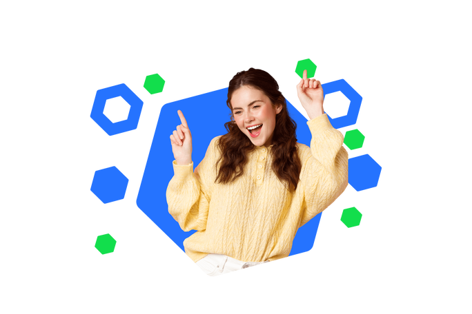 Eine junge Frau in einem gelben Pullover tanzt fröhlich, mit erhobenen Armen und einem Lächeln auf dem Gesicht. Der bunte, hexagonale Hintergrund betont die Lebendigkeit und Freude des Moments.