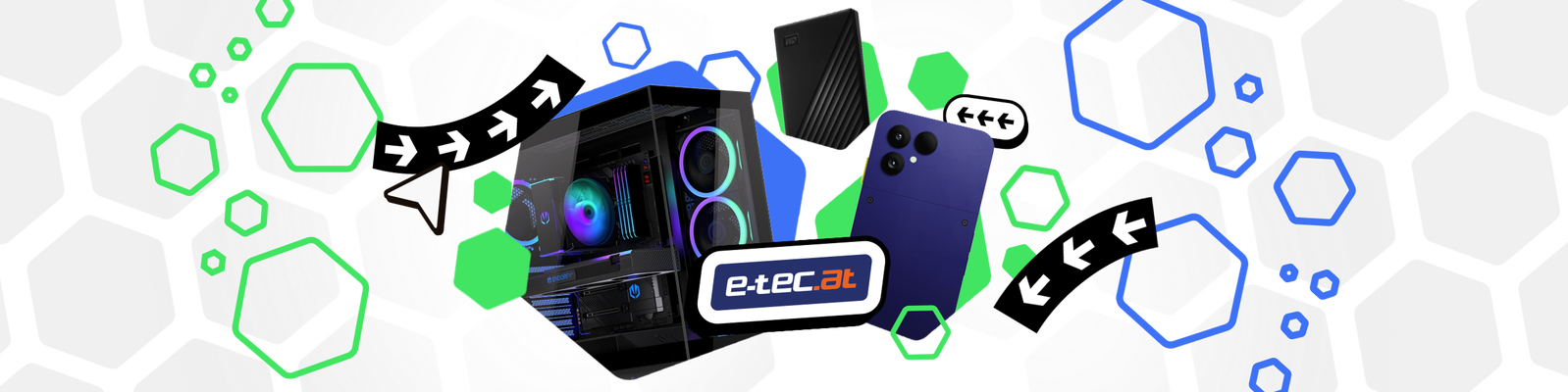 Eine farbenfrohe Collage zeigt einen Gaming-Desktop-PC mit RGB-Beleuchtung, ein Smartphone und weitere technische Geräte. Der Hintergrund ist mit sechseckigen Formen in Schwarz, Weiß, Grün und Blau gefüllt, die ein dynamisches, technikinspiriertes Muster bilden. Ein zentrales rechteckiges Element zeigt stilisierten Text, der in einer abgerundeten Schrift „e-tec.at“ zu lauten scheint. Pfeile und geometrische Akzente verleihen der Komposition Dynamik und vermitteln den Eindruck digitaler Vernetzung.
