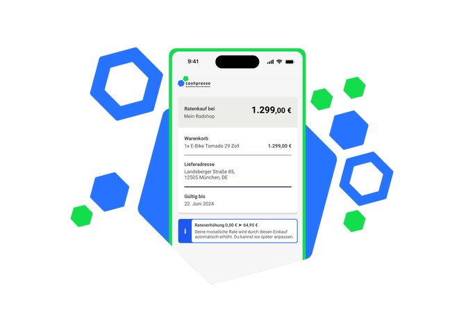 Ein Screenshot einer Smartphone-Anwendung zeigt die Details eines Ratenkaufs über cashpresso. Der Kaufbetrag von 1.299,00 € für ein E-Bike Tornado 29 Zoll wird angezeigt, ebenso wie die Lieferadresse und das Gültigkeitsdatum. Der bunte, hexagonale Hintergrund verstärkt die moderne und benutzerfreundliche Gestaltung der App.