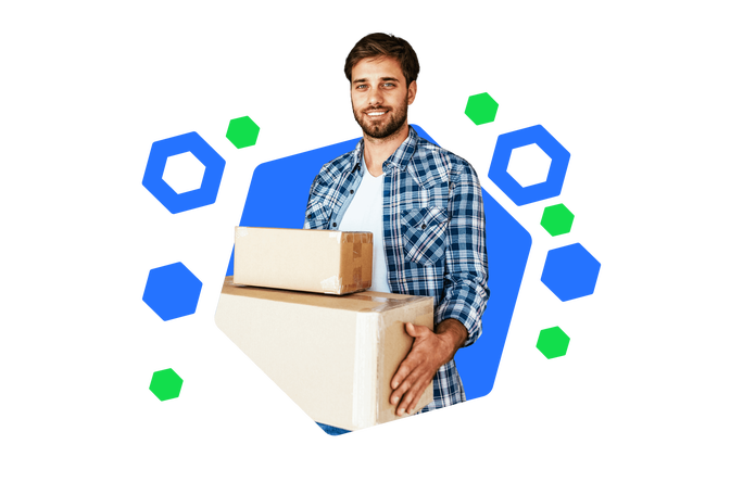 Ein lächelnder Mann in einem karierten Hemd hält zwei Kartons in den Händen. Der bunte, hexagonale Hintergrund verstärkt die positive und zufriedene Stimmung, die beim Empfang von Paketen entsteht.