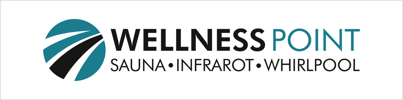 Logo von Wellness Point mit dem Slogan "Sauna, Infrarot, Whirlpool". Das Logo besteht aus schwarzem und blauem Text und einem stilisierten blauen Kreis auf schwarzem Hintergrund.