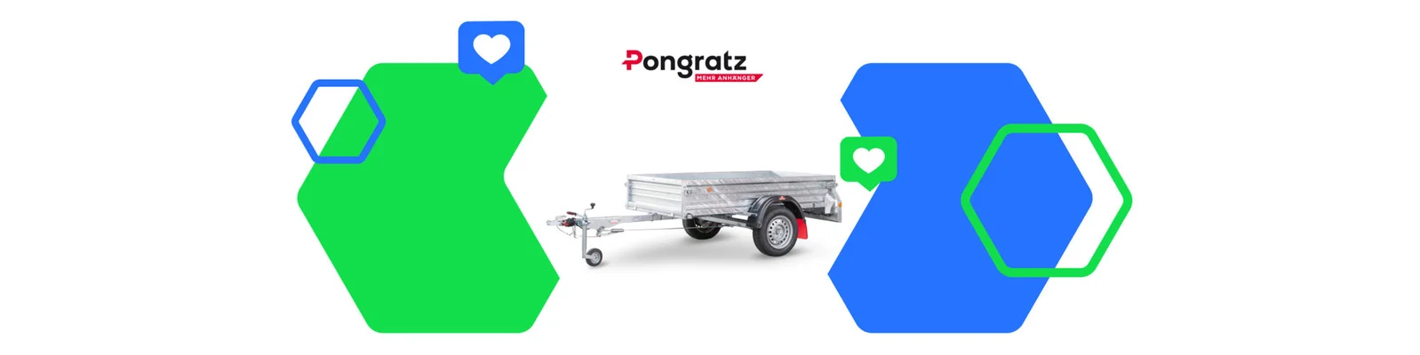 Ein Pongratz-Anhänger wird in einer klaren, minimalistischen Umgebung präsentiert. Der Anhänger hat eine metallische Oberfläche und robuste Bauweise – geeignet für verschiedenste Transportanforderungen. Geometrische grüne und blaue Visuals verleihen dem Bild eine zeitgemäße Note. Das Pongratz-Logo ist deutlich über dem Anhänger zu sehen.