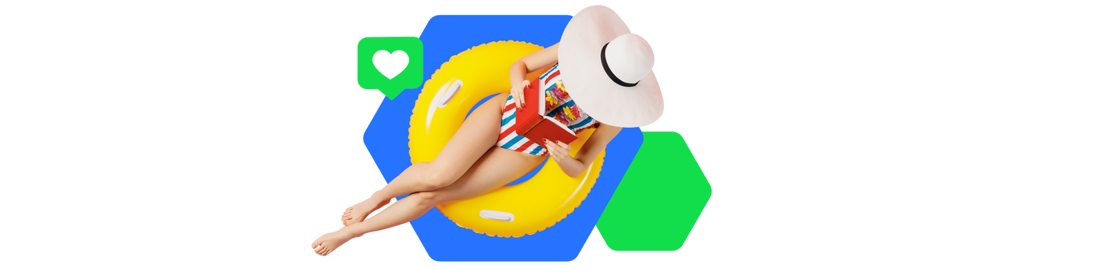 Eine Person in einem gestreiften Badeanzug und breitkrempigem Hut liegt auf einem gelben Schwimmreifen und genießt ein Buch am Pool, umgeben von lebendigen geometrischen Formen.