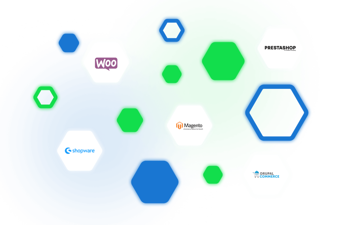 Eine Grafik mit den Logos verschiedener E-Commerce-Plattformen, darunter WooCommerce, Magento, PrestaShop, Shopware und Drupal Commerce. Das Design verwendet hexagonale Formen in Blau-, Grün- und Weißtönen und erzeugt so eine moderne und dynamische Optik. Der Hintergrund zeigt kreisförmige Farbverläufe in Grün- und Blautönen.