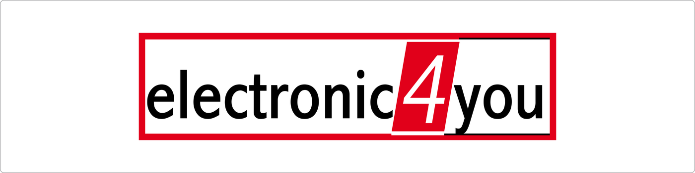 Logo von electronic4you, bestehend aus schwarzem Text "electronic4you" auf weißem Hintergrund mit einem roten Rand.