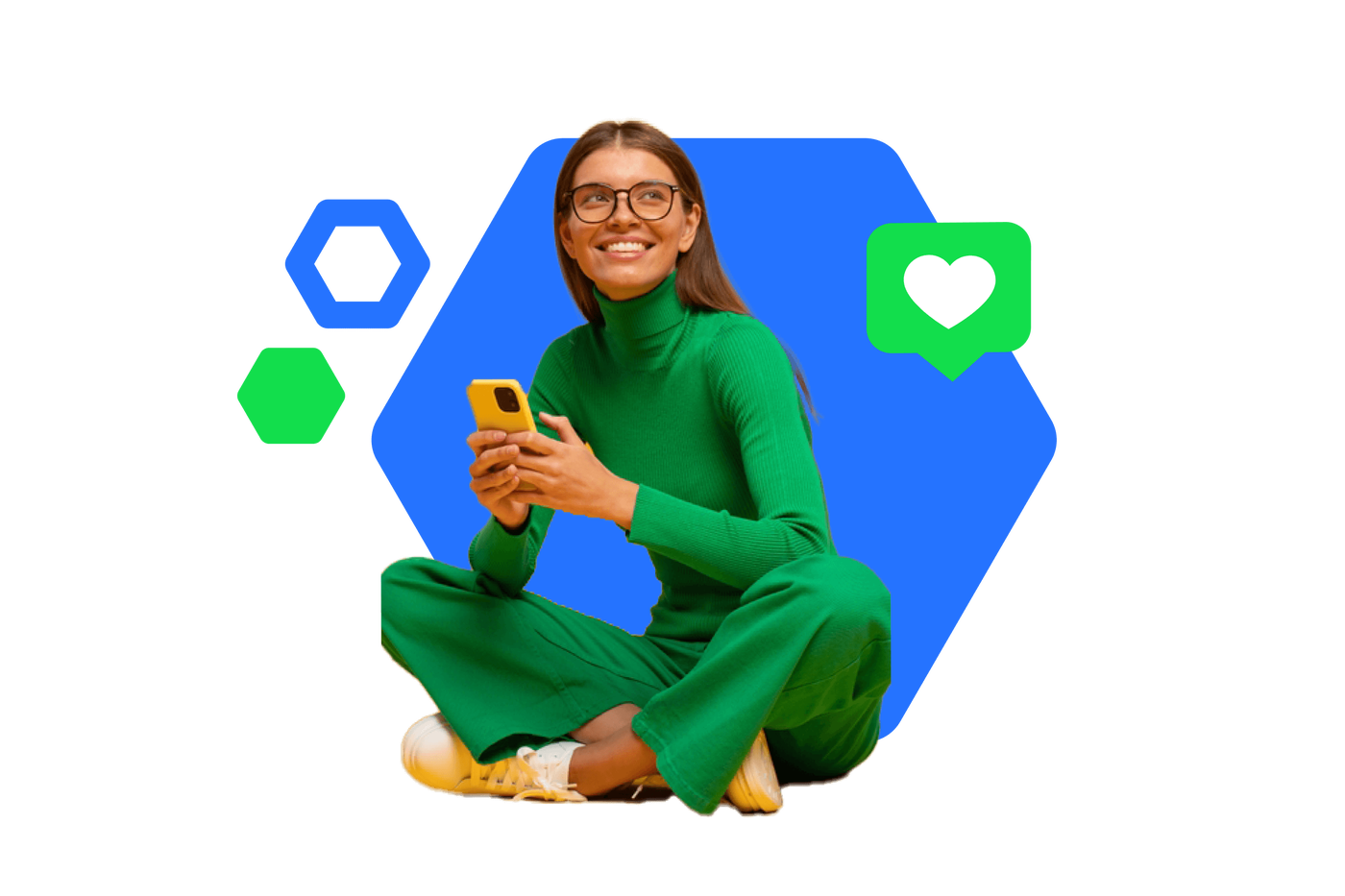 Eine Frau in einem leuchtend grünen Outfit sitzt im Schneidersitz und hält ein gelbes Smartphone in der Hand. Der Hintergrund zeigt geometrische Formen und ein grünes Herzsymbol für Benachrichtigungen, was auf einen digitalen oder Social-Media-Kontext hindeutet. Die Farbpalette ist insgesamt kräftig und modern, wobei Blau- und Grüntöne den visuellen Stil dominieren.