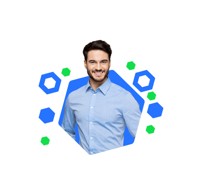 Ein gut aussehender Mann in einem hellblauen Hemd lächelt in die Kamera. Der bunte, hexagonale Hintergrund betont die professionelle und freundliche Ausstrahlung der Person.