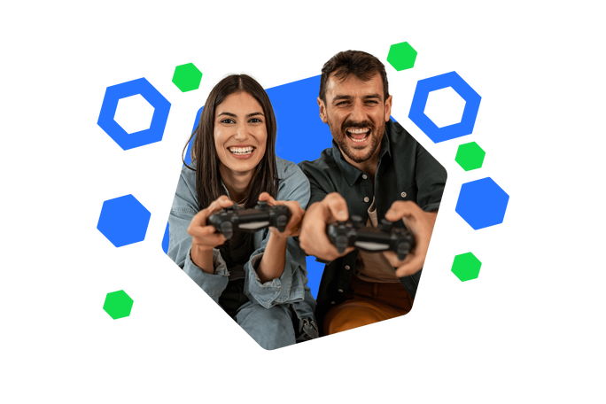 Ein Paar, das gemeinsam Videospiele spielt und dabei Freude hat, zeigt die Vorteile von cashpresso's Finanzierungslösungen für Gaming-Ausrüstung.