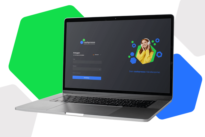 Ein eleganter Laptop zeigt den Anmeldebildschirm des Cashpresso-Portals. Die Benutzeroberfläche besticht durch ein klares Design mit gut sichtbaren Eingabefeldern für Benutzername und Passwort. Eine junge Frau in gelber Kleidung ist Teil des Bildes, umgeben von geometrischen Formen in Grün und Blau. Das Setting ist minimalistisch und technikorientiert.