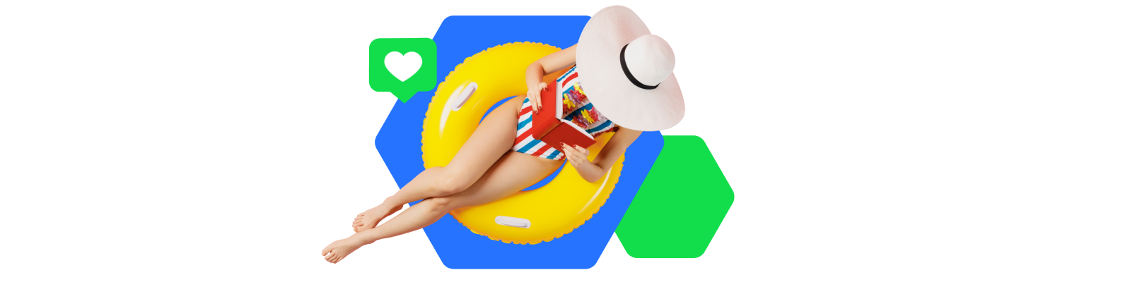 Eine Person in einem gestreiften Badeanzug und breitkrempigem Hut liegt auf einem gelben Schwimmreifen und genießt ein Buch am Pool, umgeben von lebendigen geometrischen Formen.