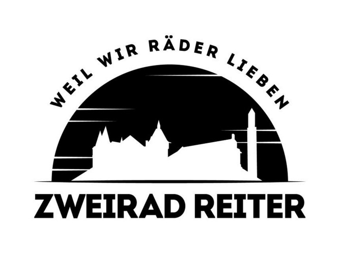 A black and white logo featuring the text 'Zweirad Reiter' prominently below a city skyline silhouette. The phrase 'Weil wir Räder lieben' is curved above the skyline. The design is minimalistic and emphasizes cycling culture with urban visuals.